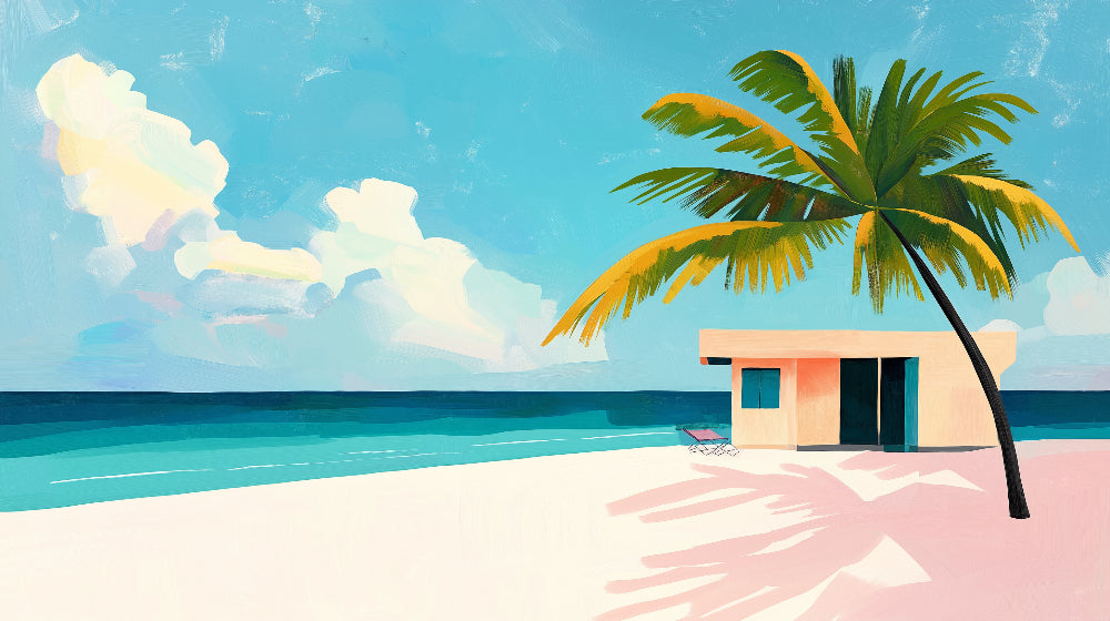 Beach Paradise Wallpaper design file showing detailed tropical coastal scene with palm tree and beach house