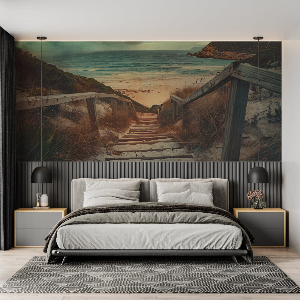 Beach Path Mural Wallpaper styled in bright modern living room, showing coastal stairway descending to ocean