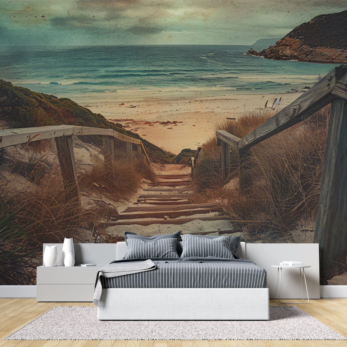 Beach Wall Mural featuring vintage stairway in cozy dining room setting