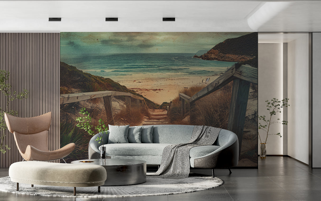Seaside Path Mural displayed in home office with natural lighting