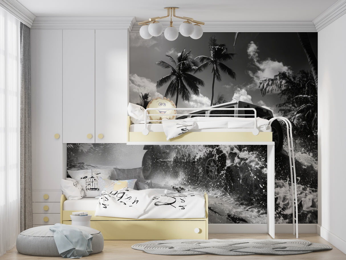 Beach rally wallpaper creating modern impact in a teen bedroom with black and white palm trees and sports car theme