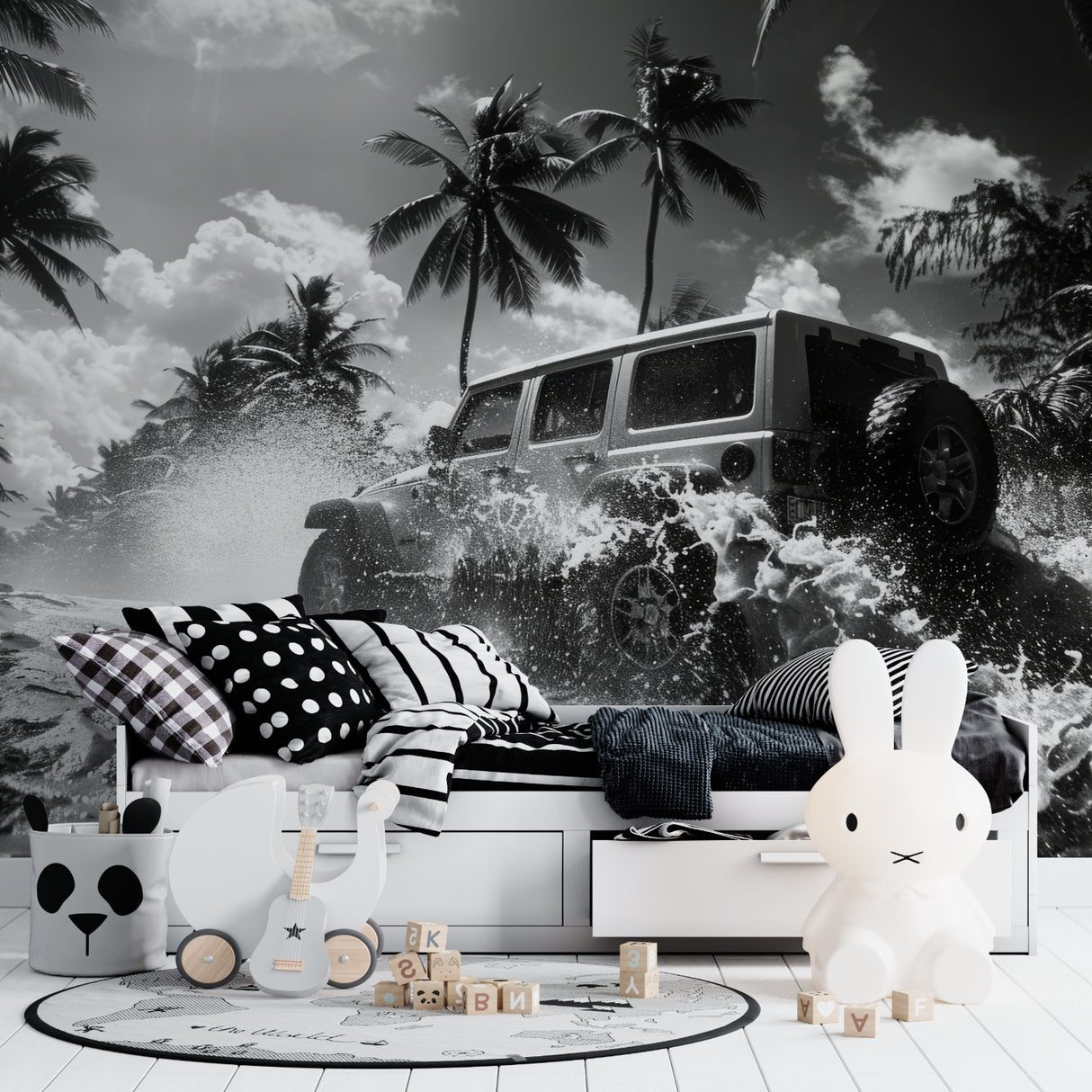 Palm trees and sports car wallpaper adding drama to a home office setting