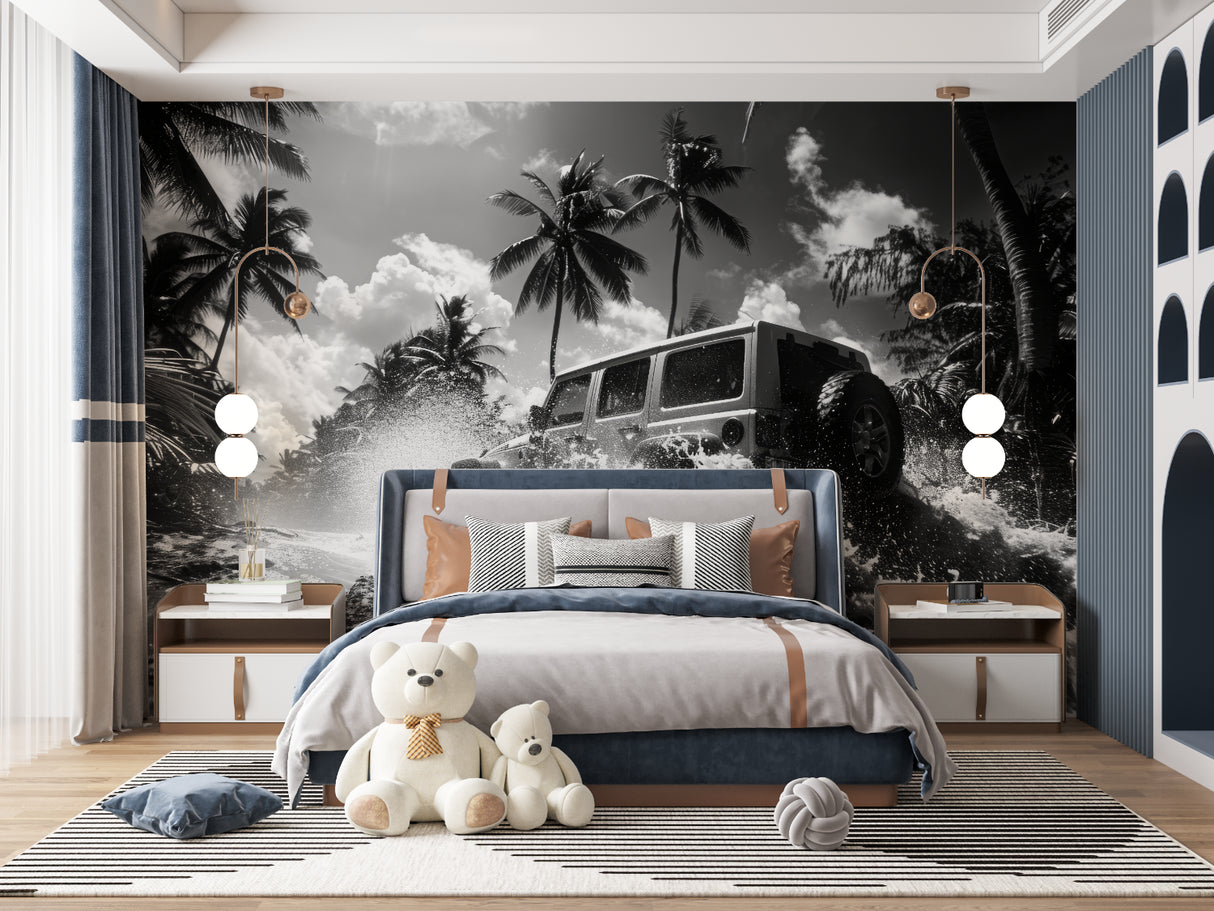 Beach themed wall mural with car design creating focus in a gaming room