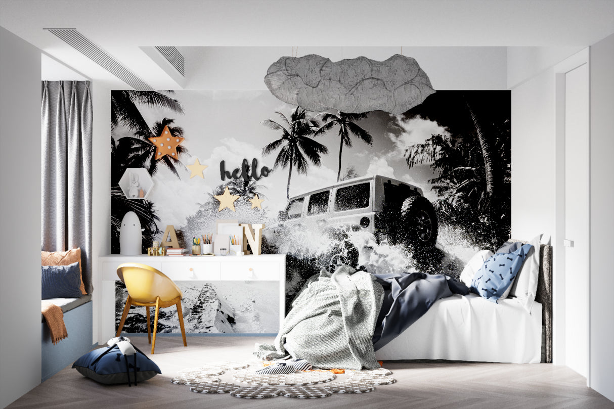 Modern black and white beach wallpaper installation in a contemporary dining space