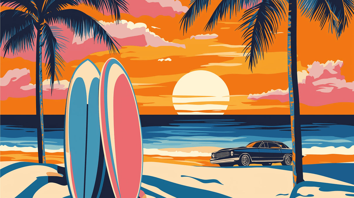 Beach sunset wallpaper with retro surf theme shown in a bright coastal living room, orange sunset glow warming the space
