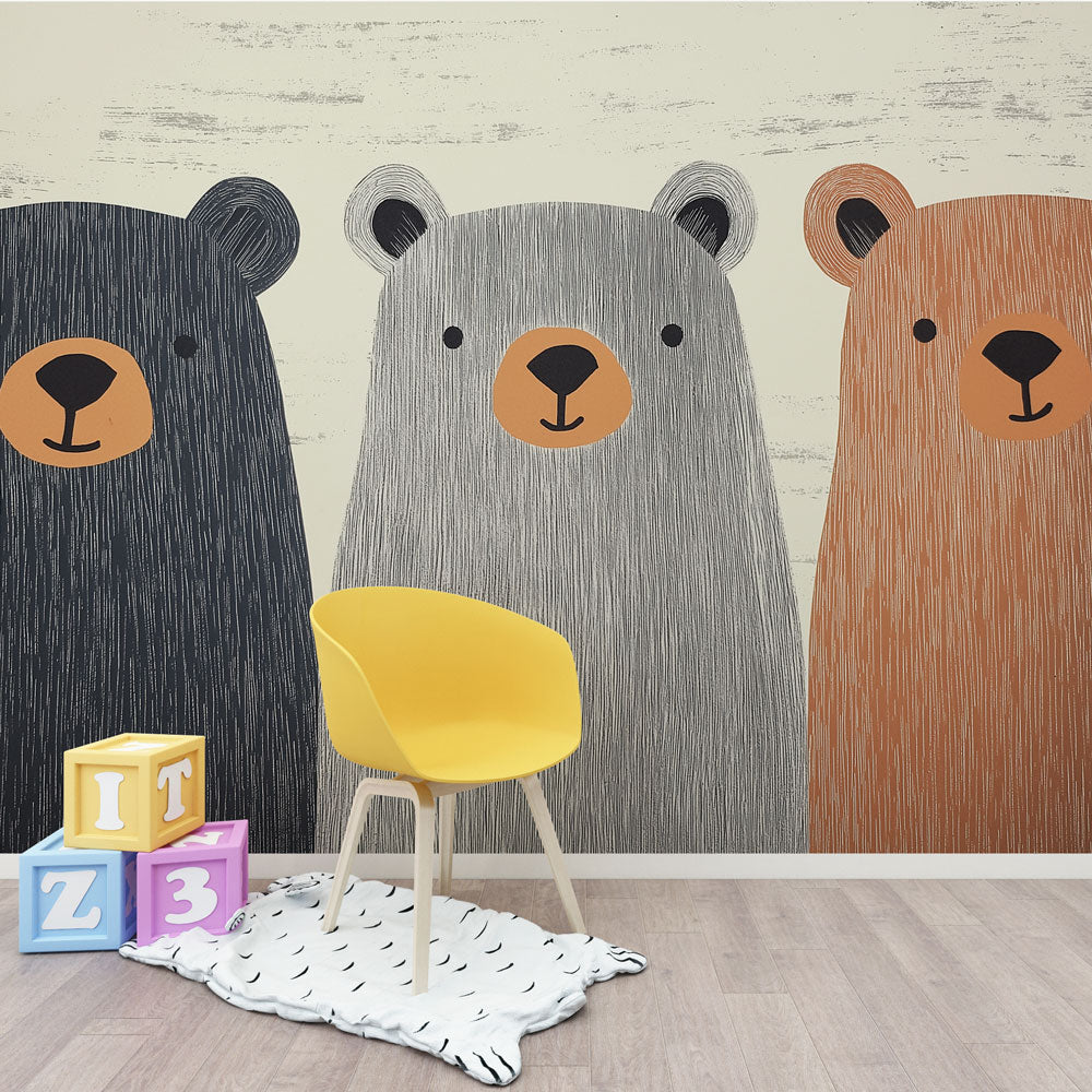 Bear mural wallpaper in a cozy Scandinavian nursery with rocking chair and soft lighting