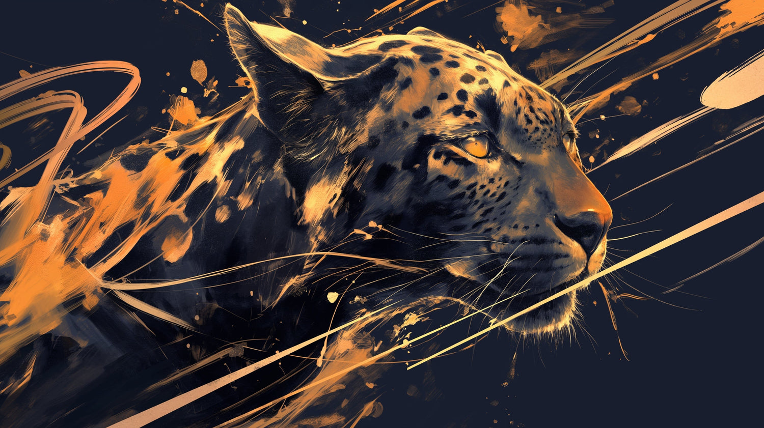 Artistic leopard wallpaper design file with gold and black paint strokes on dark background