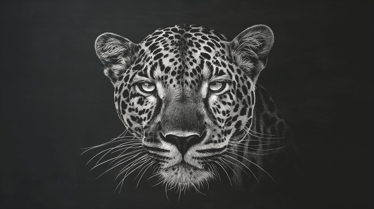 Black and white leopard portrait design file showing intricate spot patterns and striking gaze