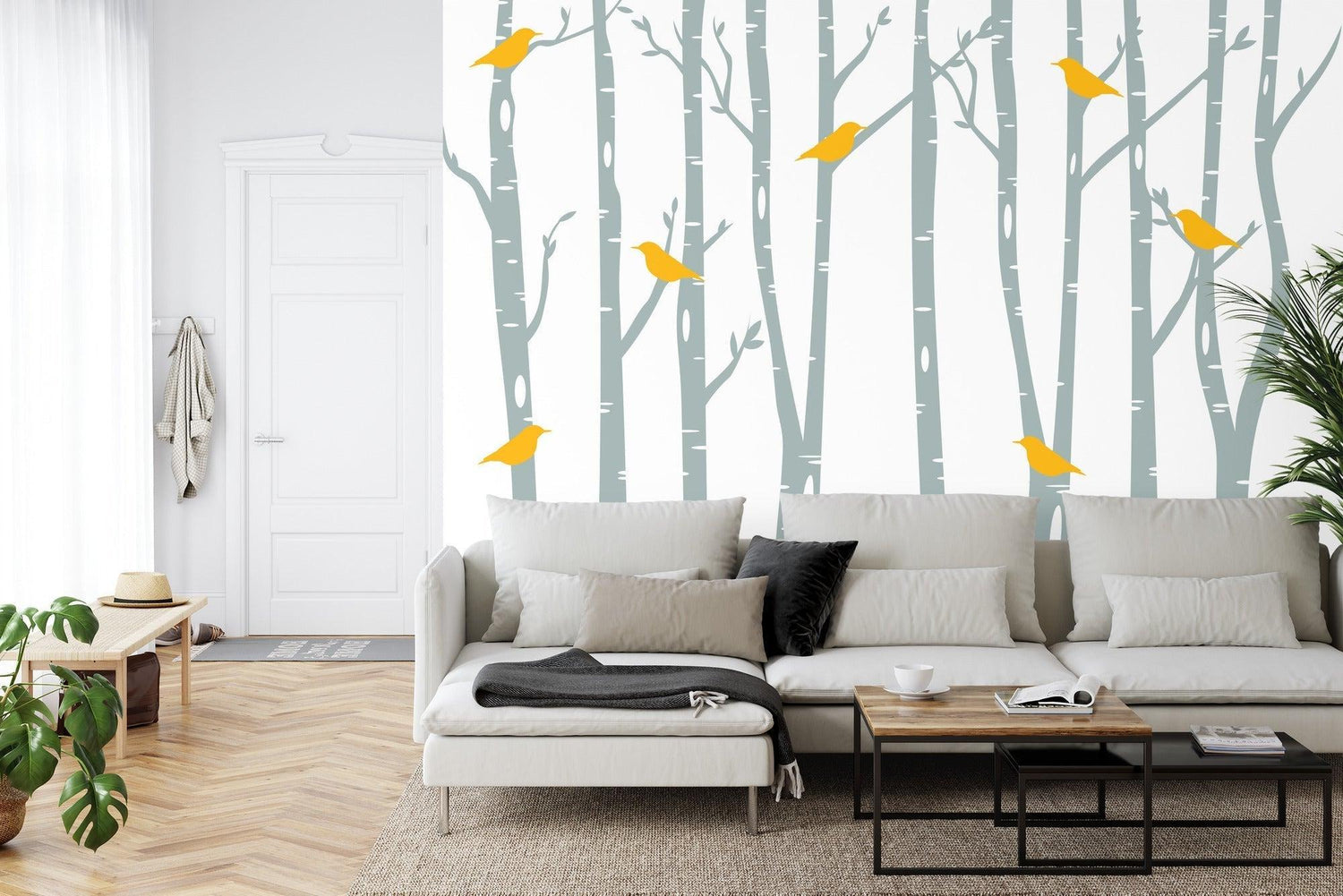 Yellow bird and grey tree mural bringing nature into a home office
