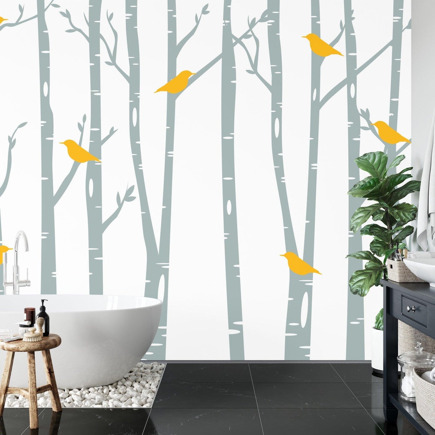 Forest wallpaper with birds adding charm to a reading nook