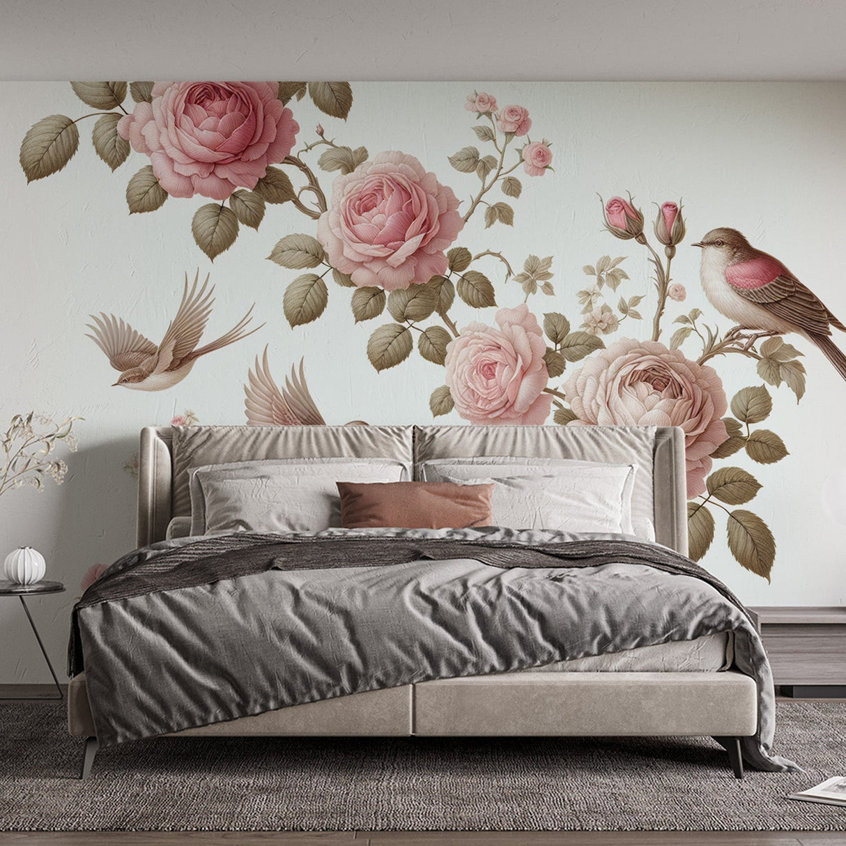 Vintage Bird and Rose Wallpaper creating a peaceful atmosphere in a bright living room with natural light