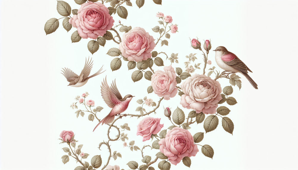 Bird and Rose Wallpaper design file showing detailed vintage floral pattern with flying birds