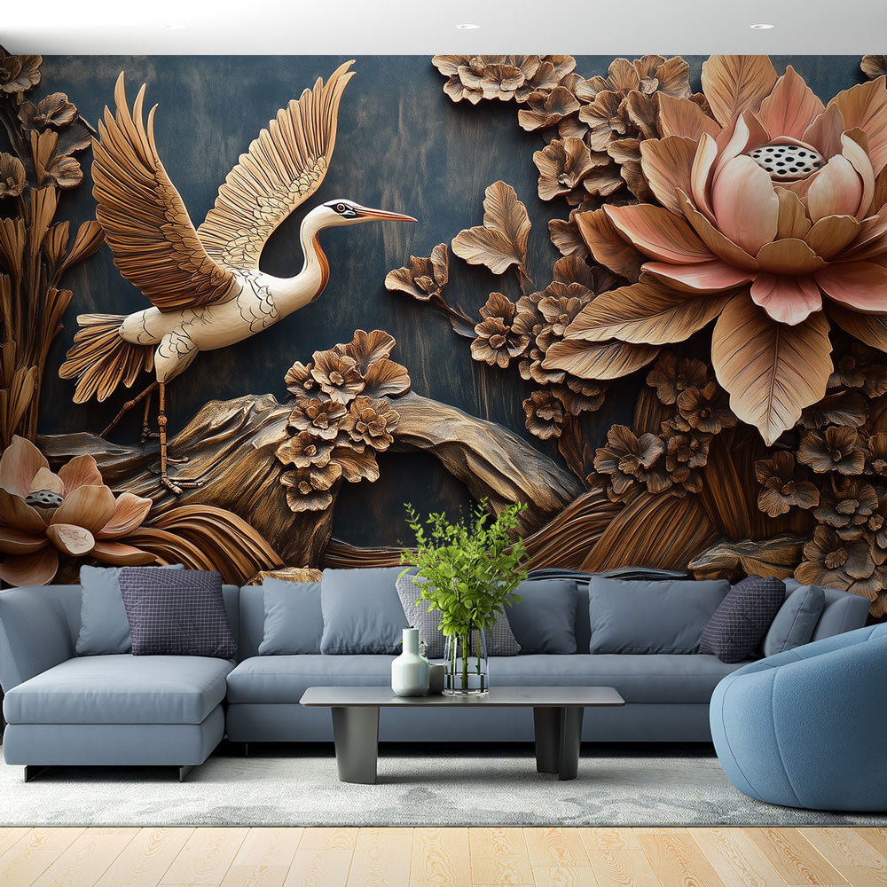 3D Crane wallpaper creating dramatic impact in modern living room with navy and copper tones