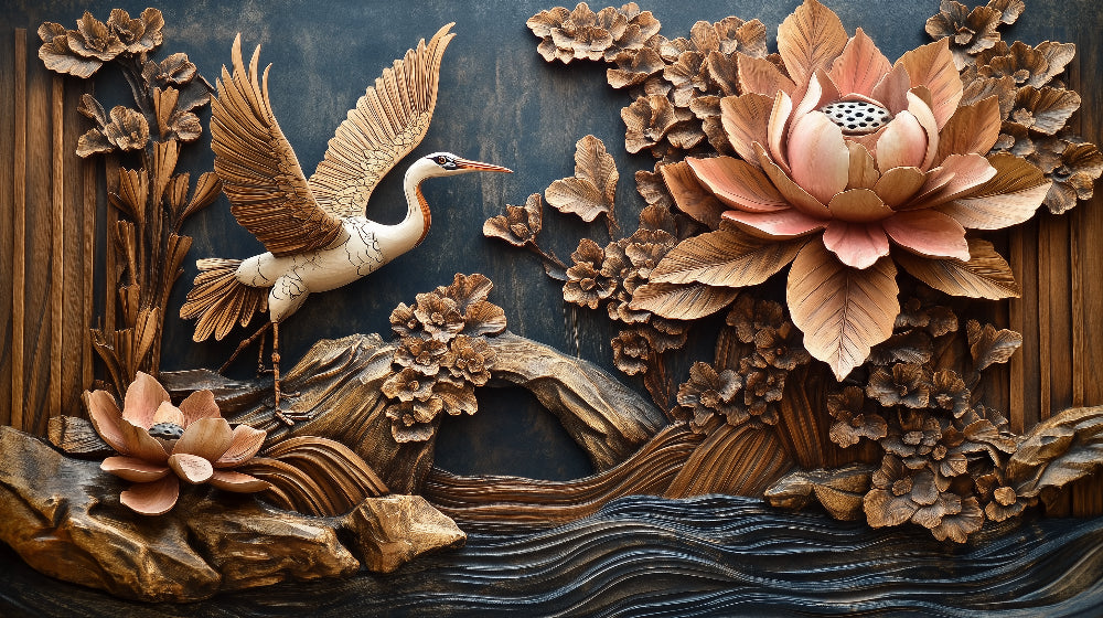 Flying crane and lotus design file showing intricate 3D relief pattern