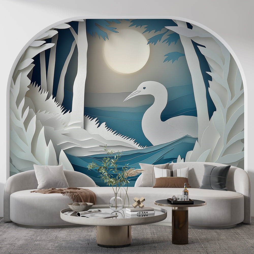3D paper art swan wallpaper creating serene atmosphere in modern minimalist bedroom with ambient lighting