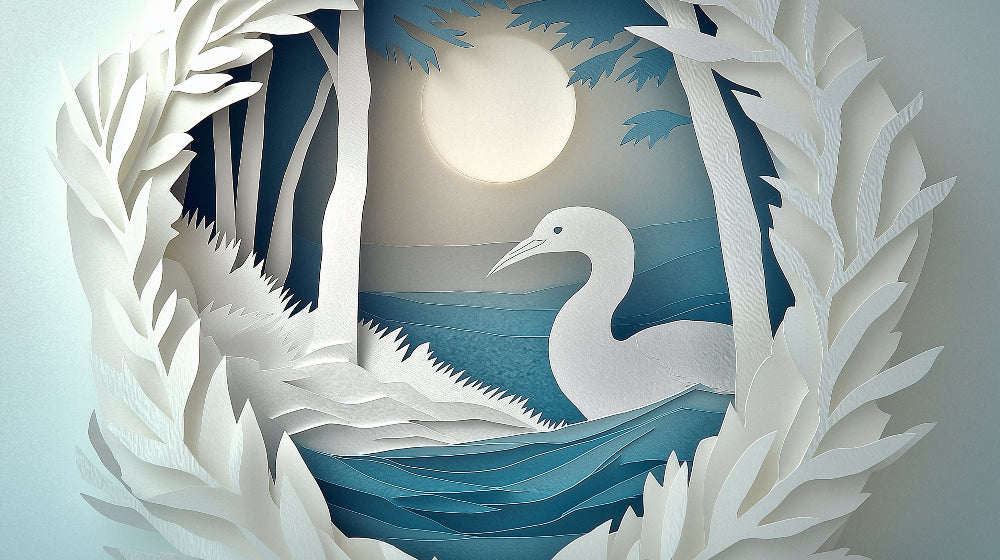 3D paper art moonlit swan design file showing intricate layered details and paper-cut effects