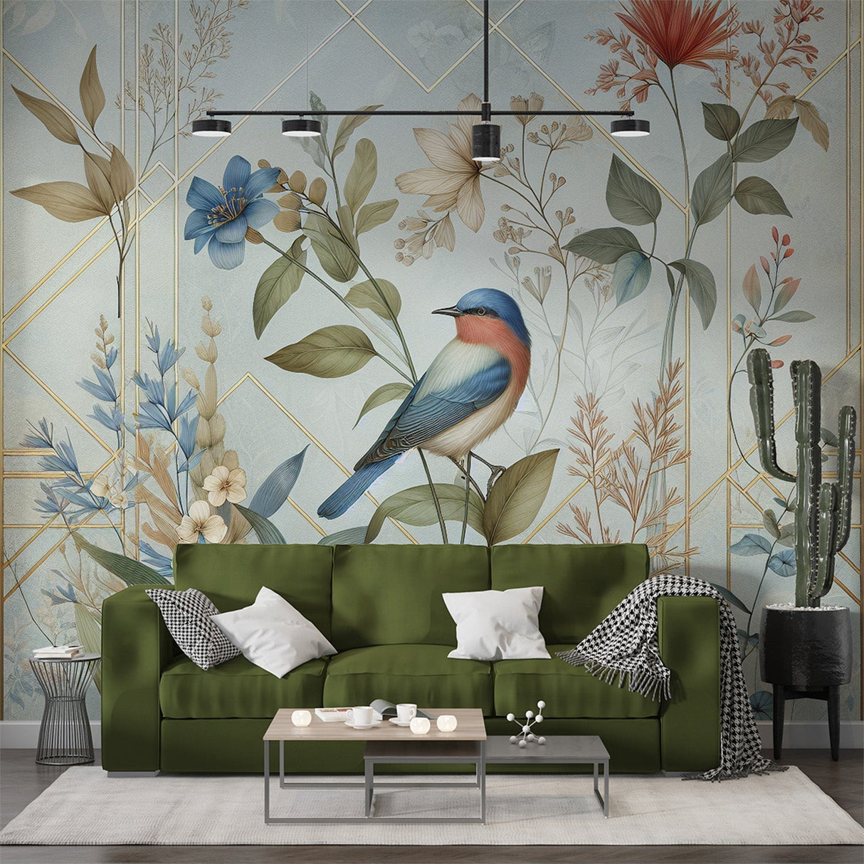 Bird Mural Wallpaper with gold accents creating a warm atmosphere in an elegant dining room with natural light