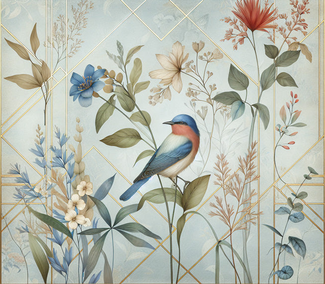 Art Deco Bird Wallpaper design file showing detailed floral pattern and gold geometric elements