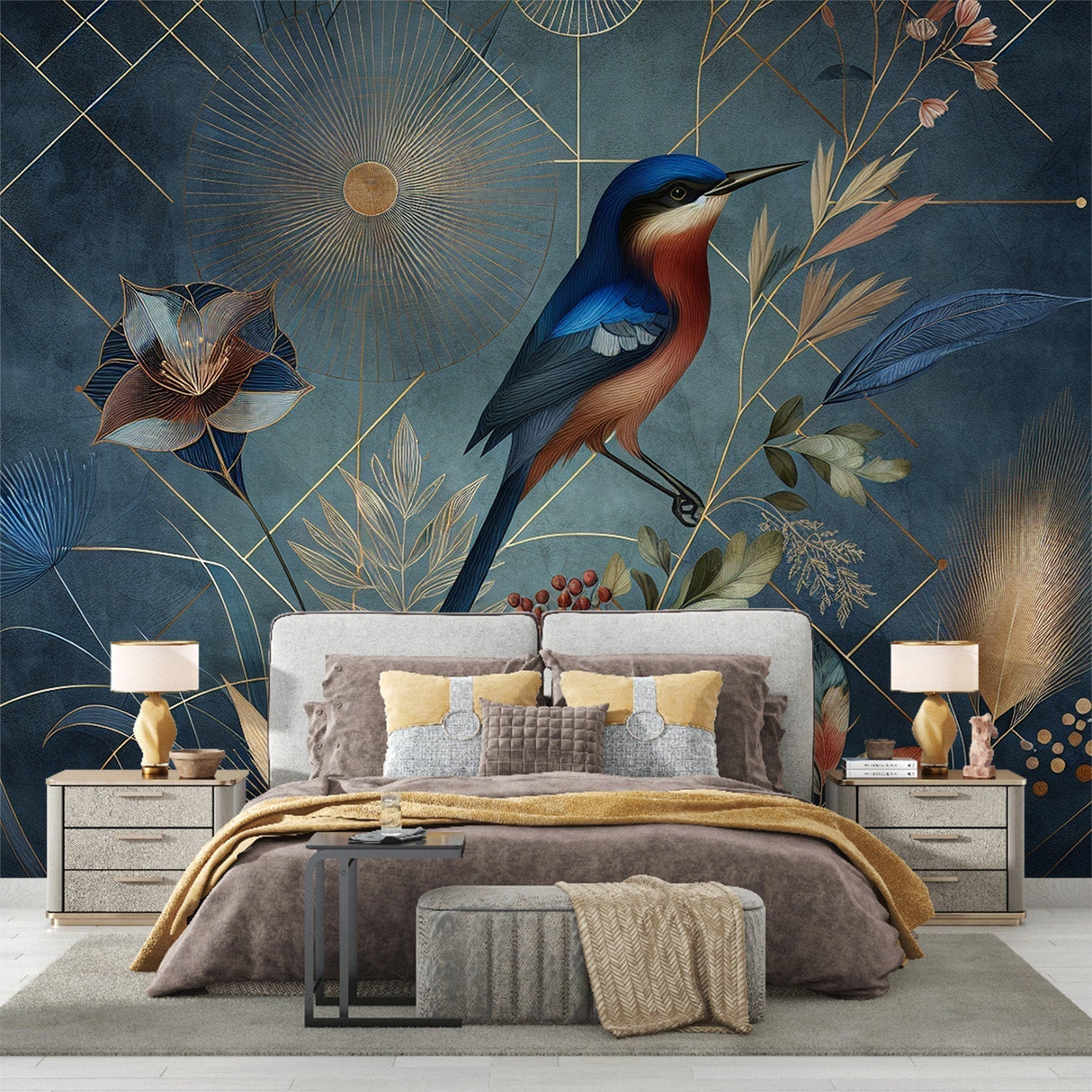 Art deco bird wallpaper creating stunning focal point in modern living room with blue and gold accents