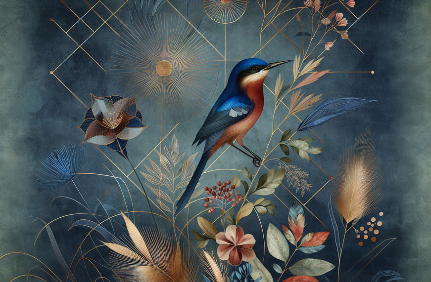 Elegant art deco bird wallpaper design file showing detailed blue and gold pattern