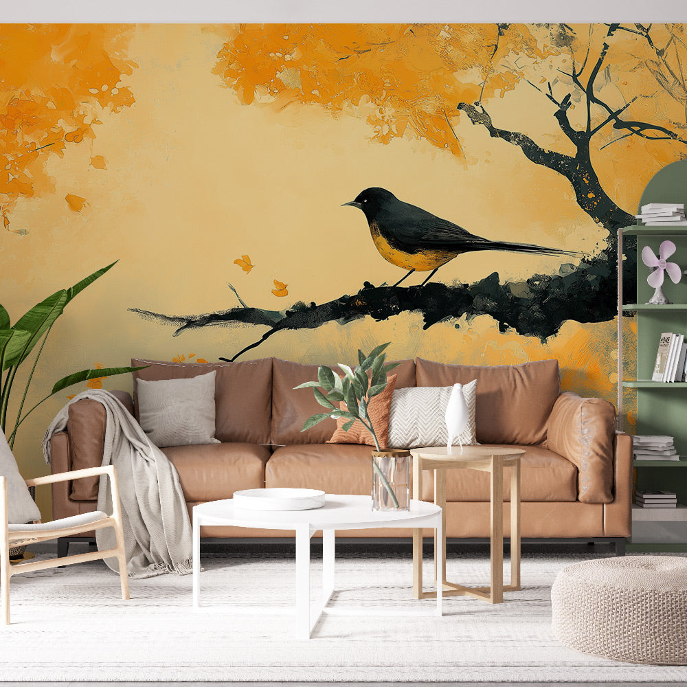 Bird wallpaper mural styled in a modern living room, showing black songbird on golden branch against warm autumn colors