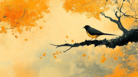 Design file of oriental bird and autumn branch wallpaper pattern with golden leaves