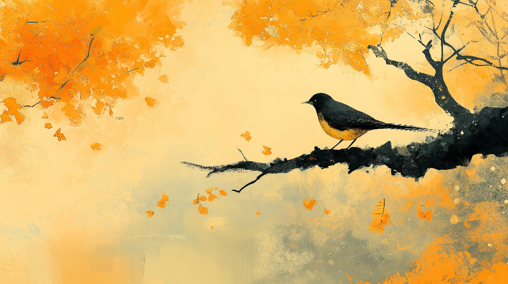 Design file of oriental bird and autumn branch wallpaper pattern with golden leaves
