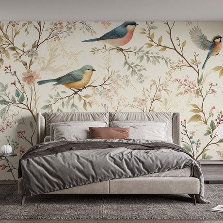 Botanical bird wallpaper creating a peaceful atmosphere in a bright living room with natural light highlighting the vintage songbird design