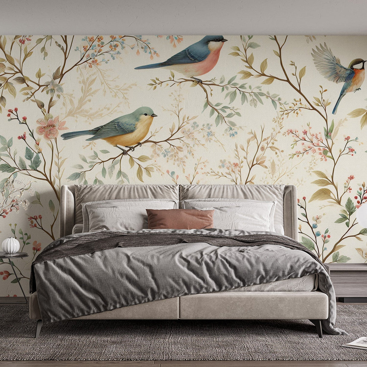 Botanical bird wallpaper creating a peaceful atmosphere in a bright living room with natural light highlighting the vintage songbird design