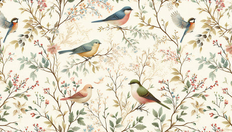 Garden birds wallpaper design file showing detailed vintage botanical pattern with songbirds and spring flowers