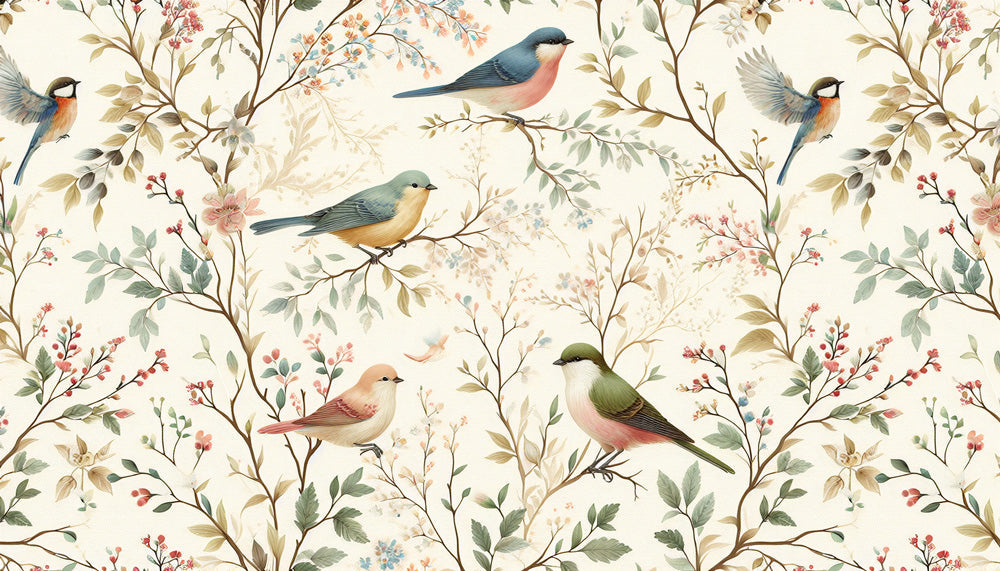 Garden birds wallpaper design file showing detailed vintage botanical pattern with songbirds and spring flowers