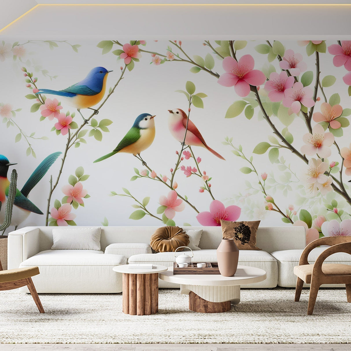 Bird and cherry blossom wallpaper mural creating a fresh spring atmosphere in a bright living room setting