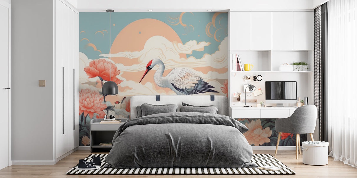 Japanese Crane wallpaper in modern living room with coral accents and clean furniture