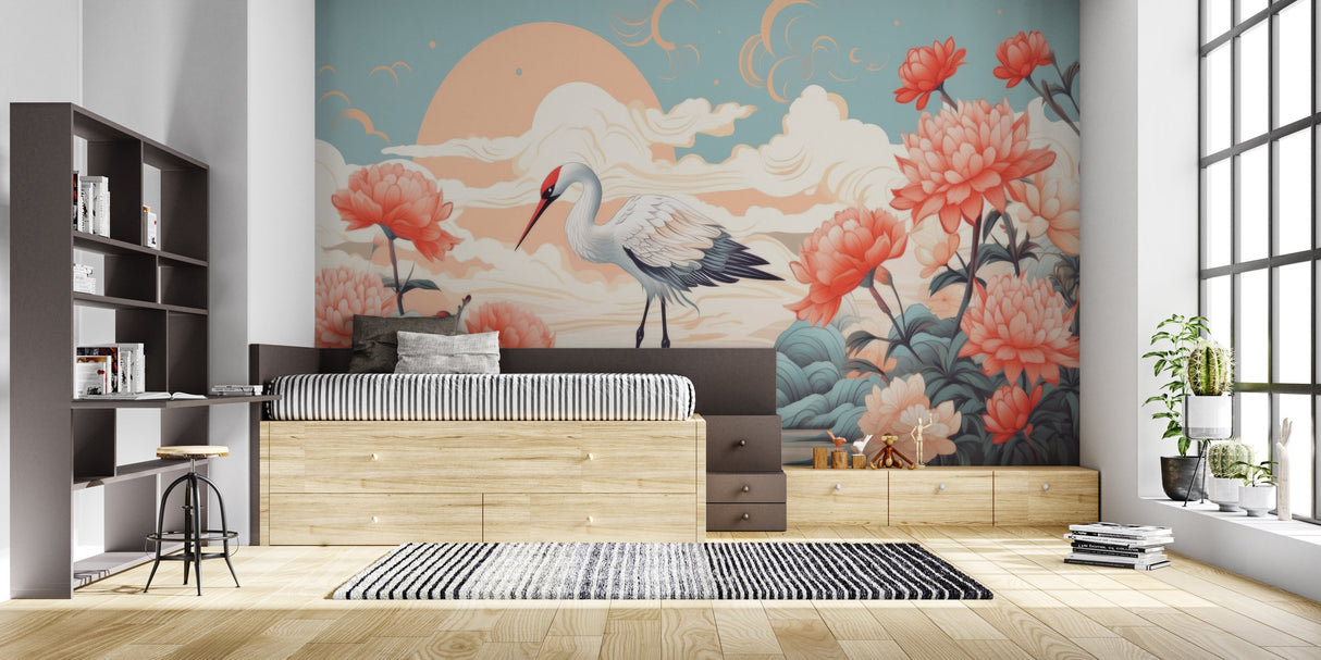 Japanese style crane wallpaper in dining room with wooden elements