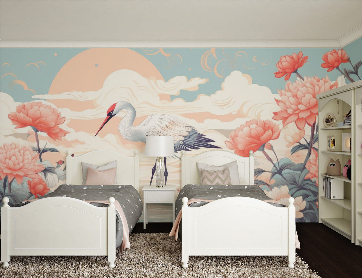 Oriental crane mural wallpaper in meditation room with floor cushions