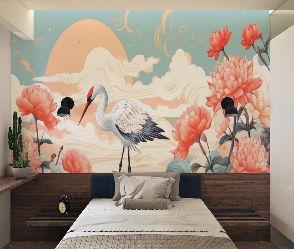 Asian bird wallpaper in home office with simple desk setup