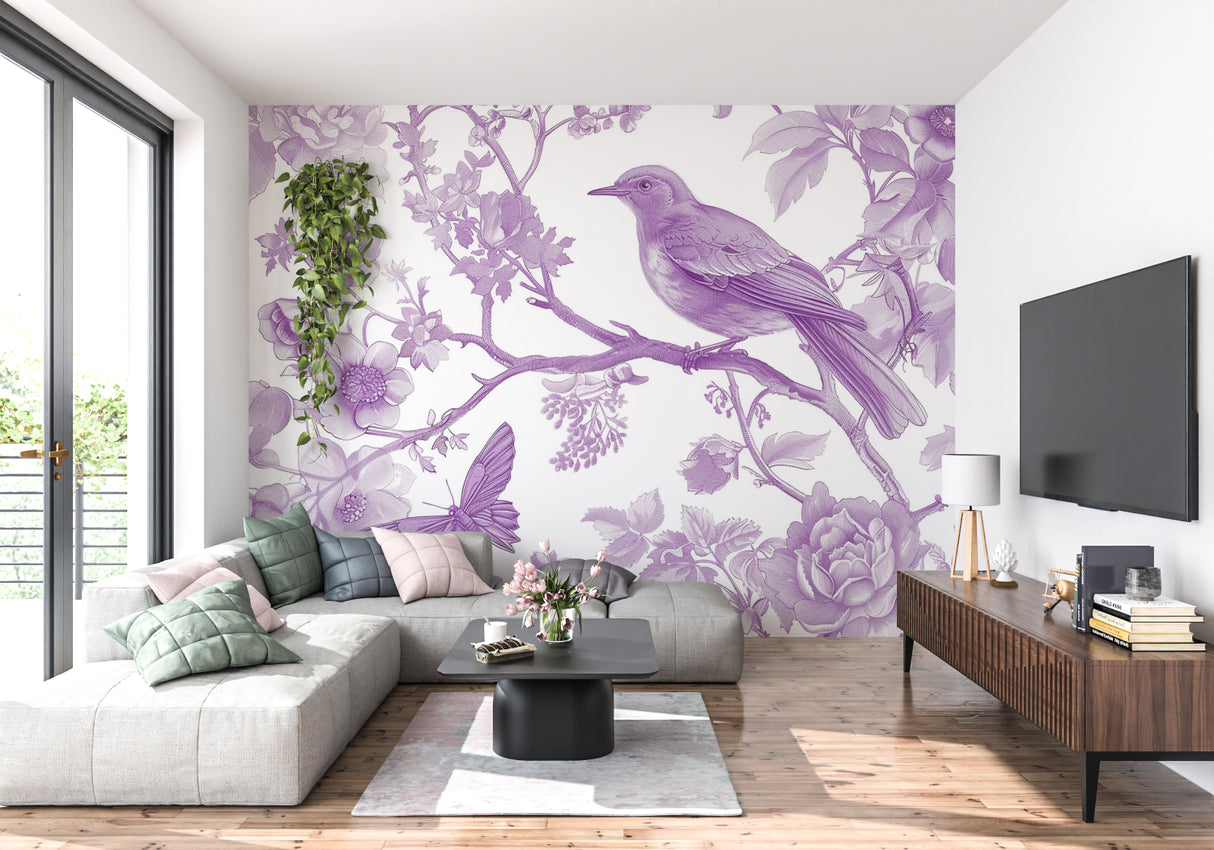 Purple bird and floral wallpaper mural in bright modern bedroom showing scale and impact