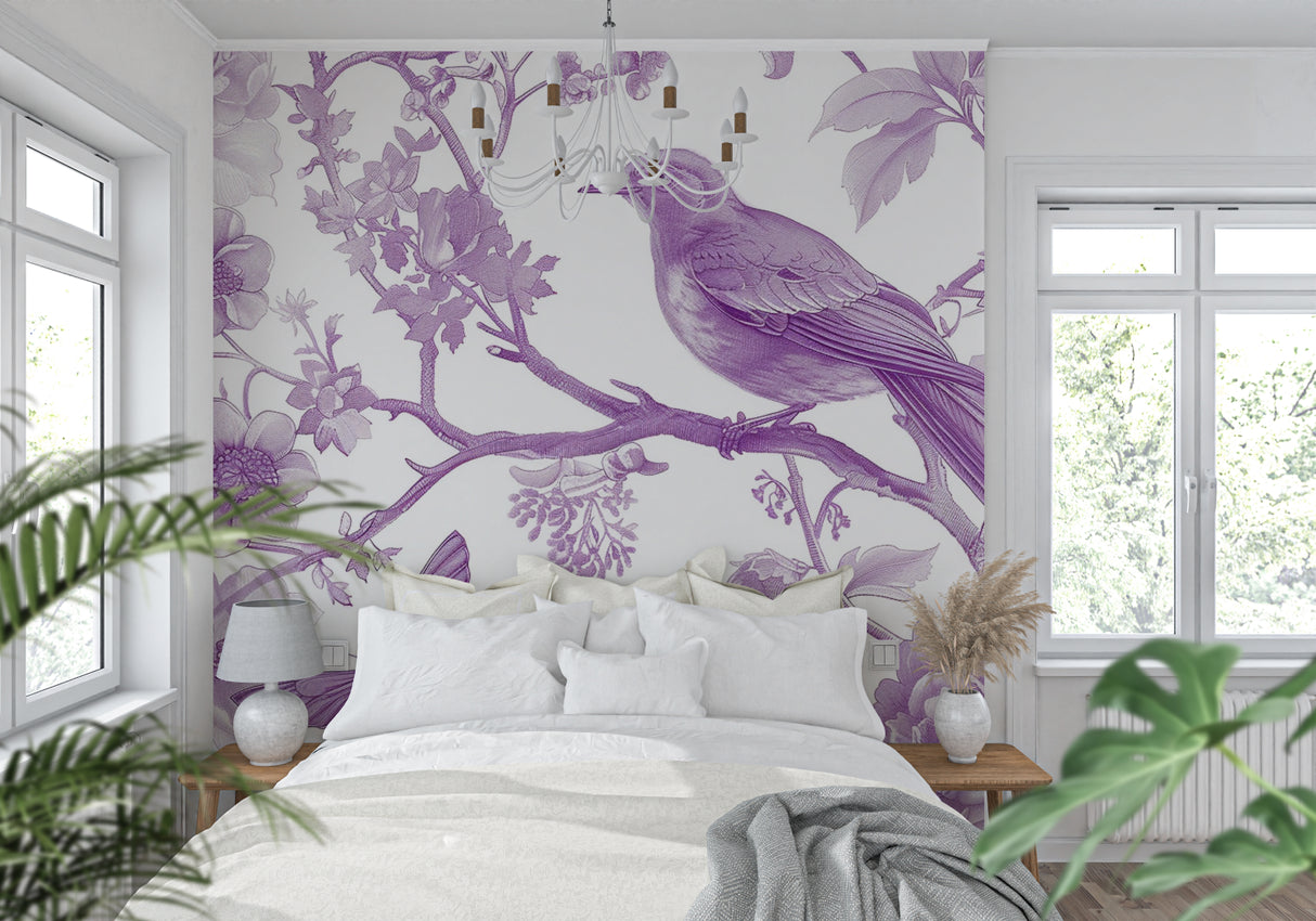 Bird wallpaper detail in purple home office creating peaceful workspace