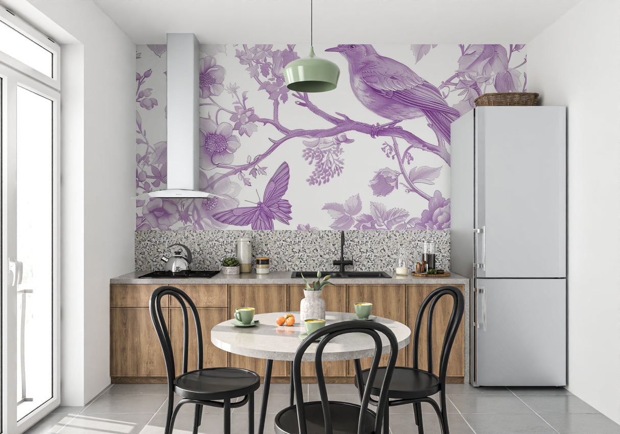 Purple floral bird mural in dining room with natural lighting