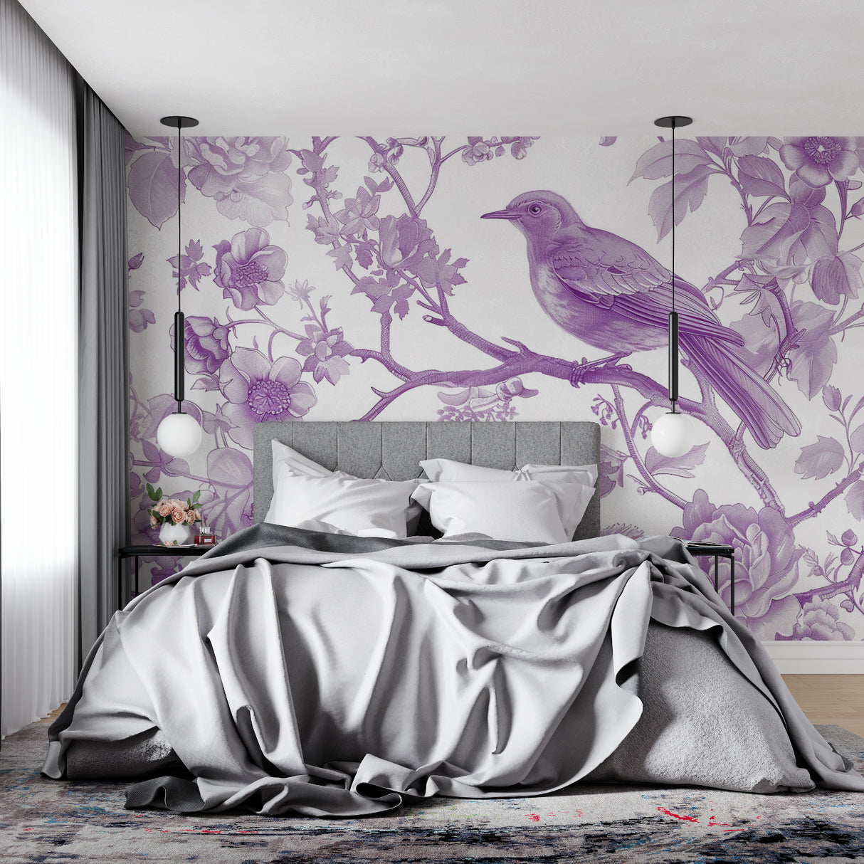 Garden bird wallpaper featuring purple tones in cozy reading nook