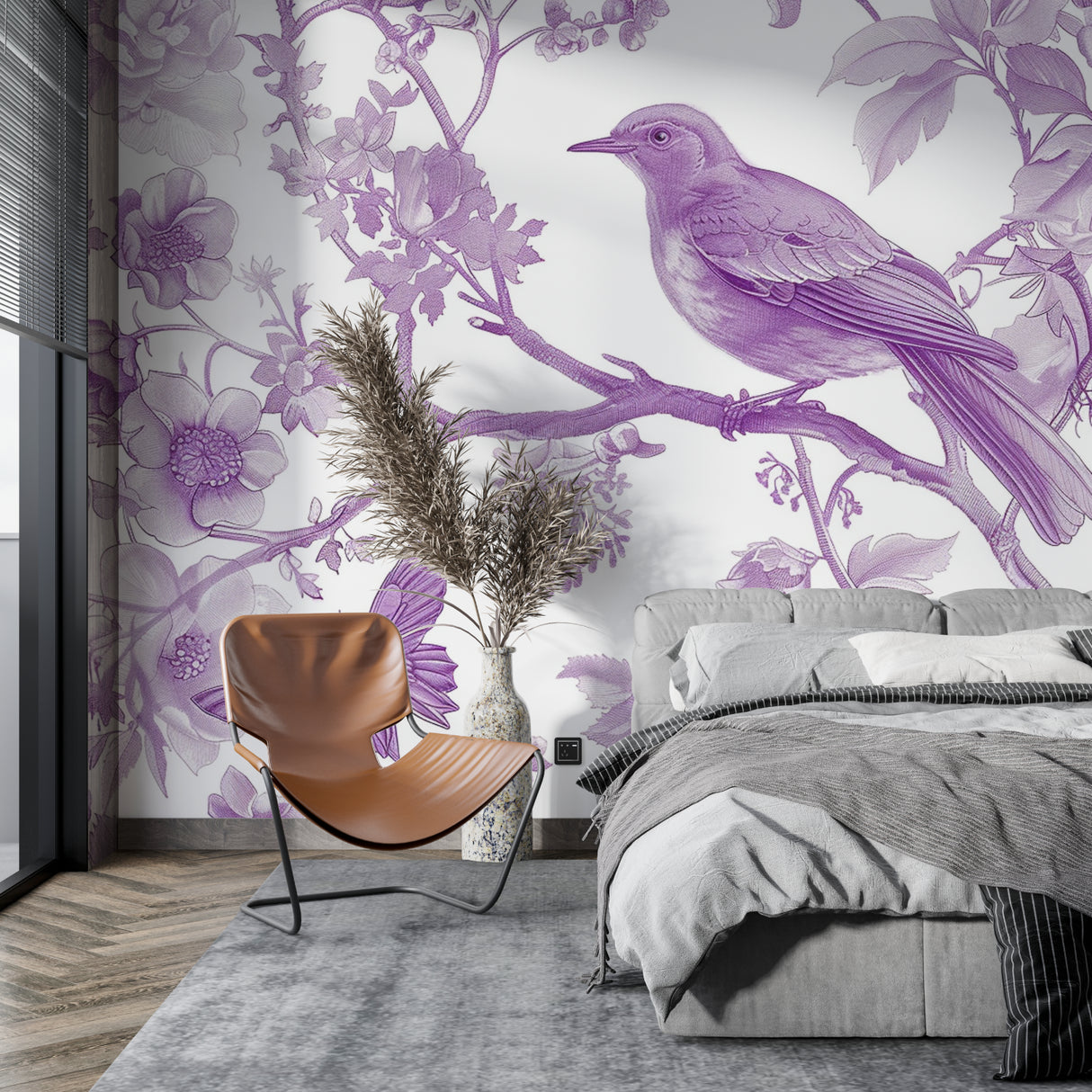 Bird and flower mural installed in purple accent wall living room