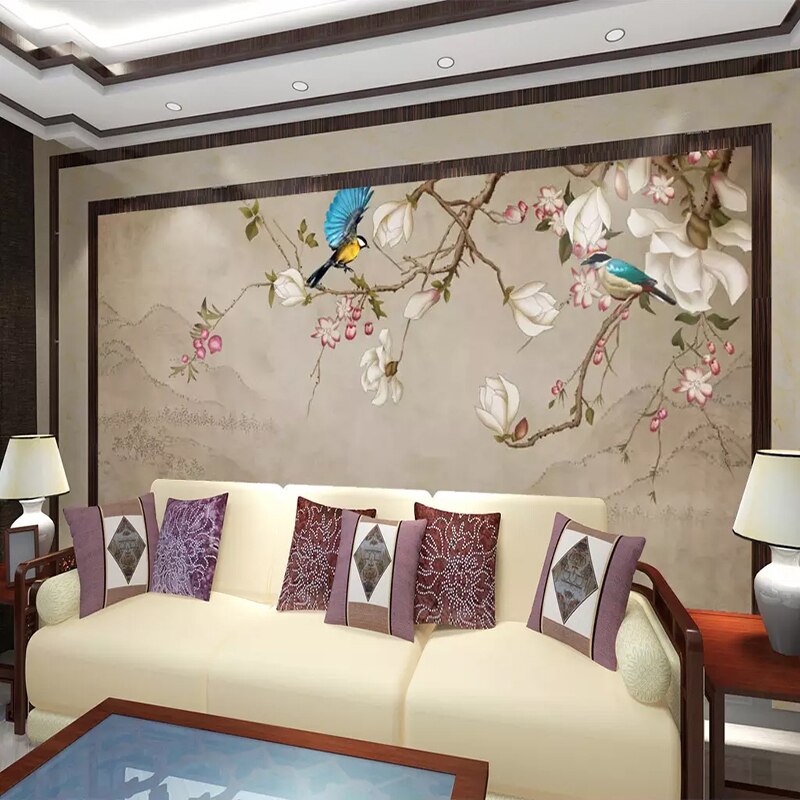 Oriental bird mural displayed in a peaceful bedroom with soft lighting