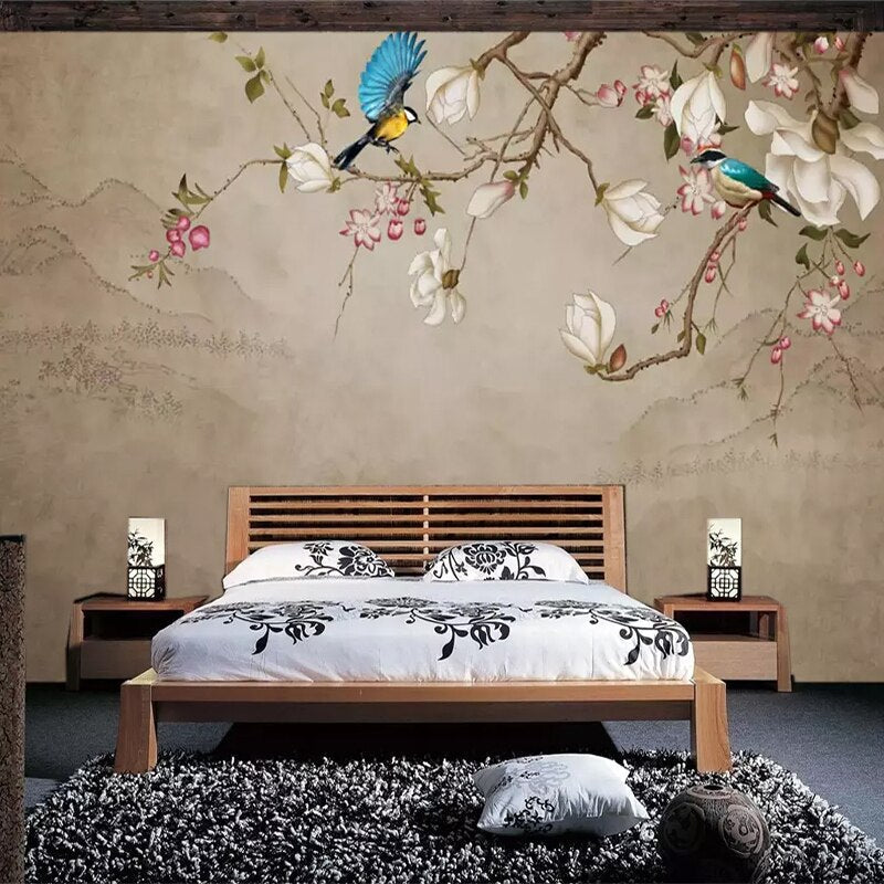 Blue birds and white magnolia wallpaper in an elegant entryway