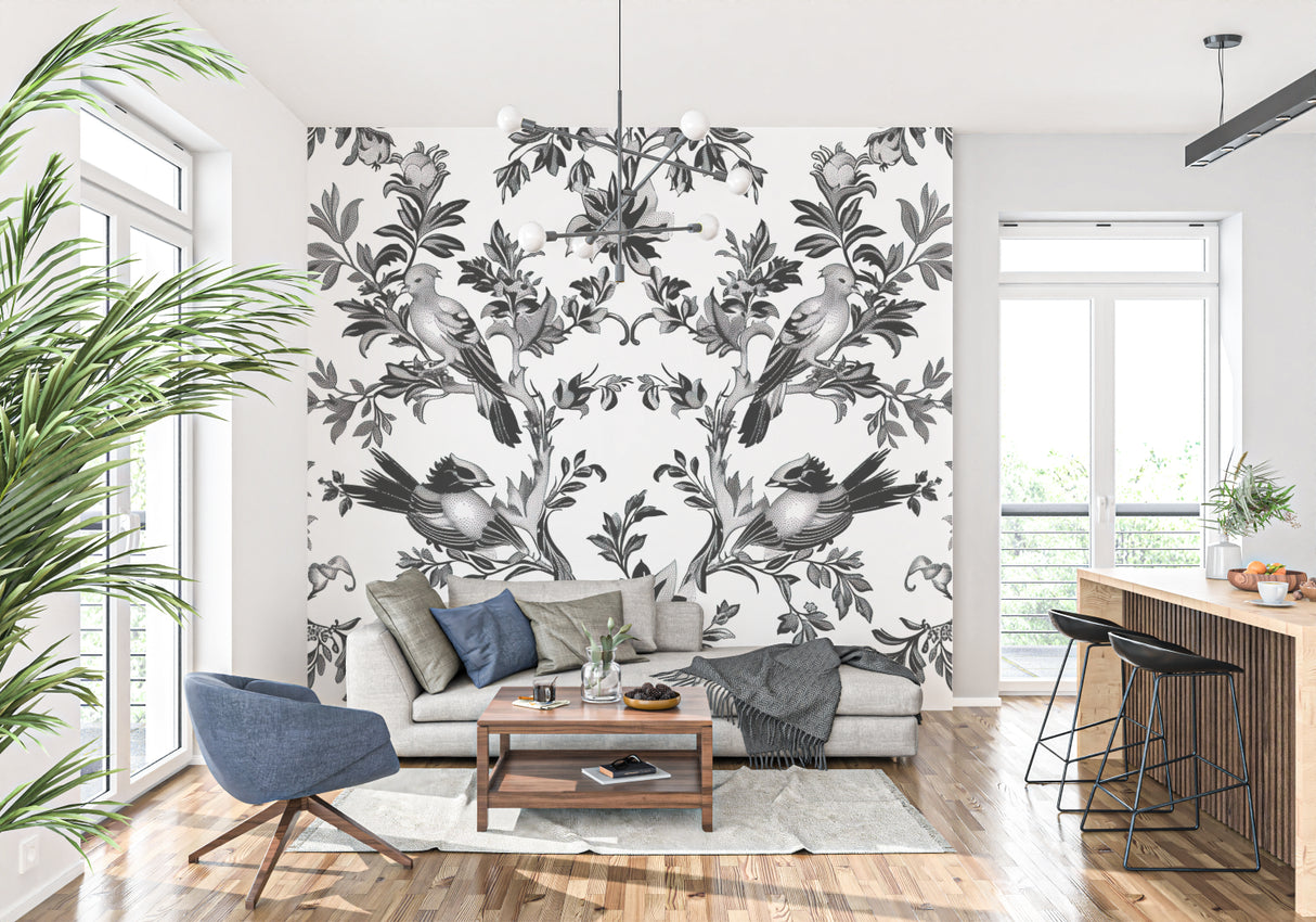 Black and white bird pattern wallpaper in modern living room setting with minimal furniture
