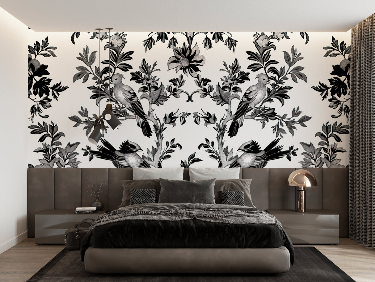 Elegant dining room featuring black and white toile de jouy bird wallpaper with crystal chandelier