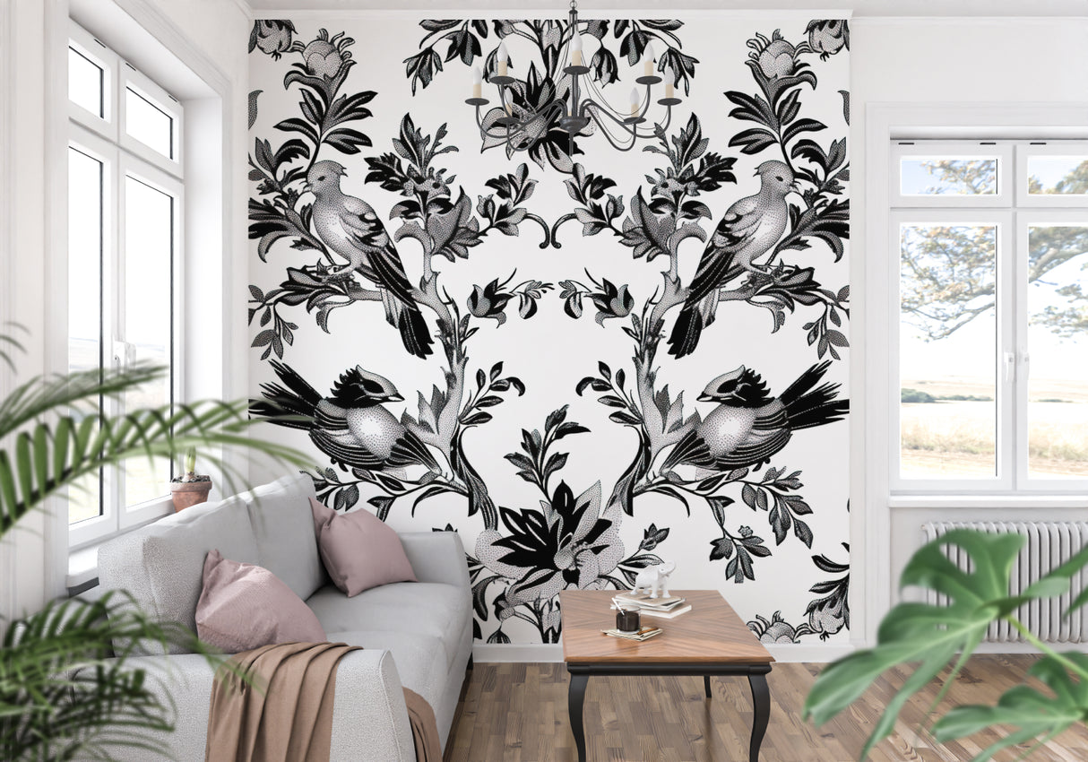 Master bedroom with black and white bird pattern feature wall creating calm atmosphere