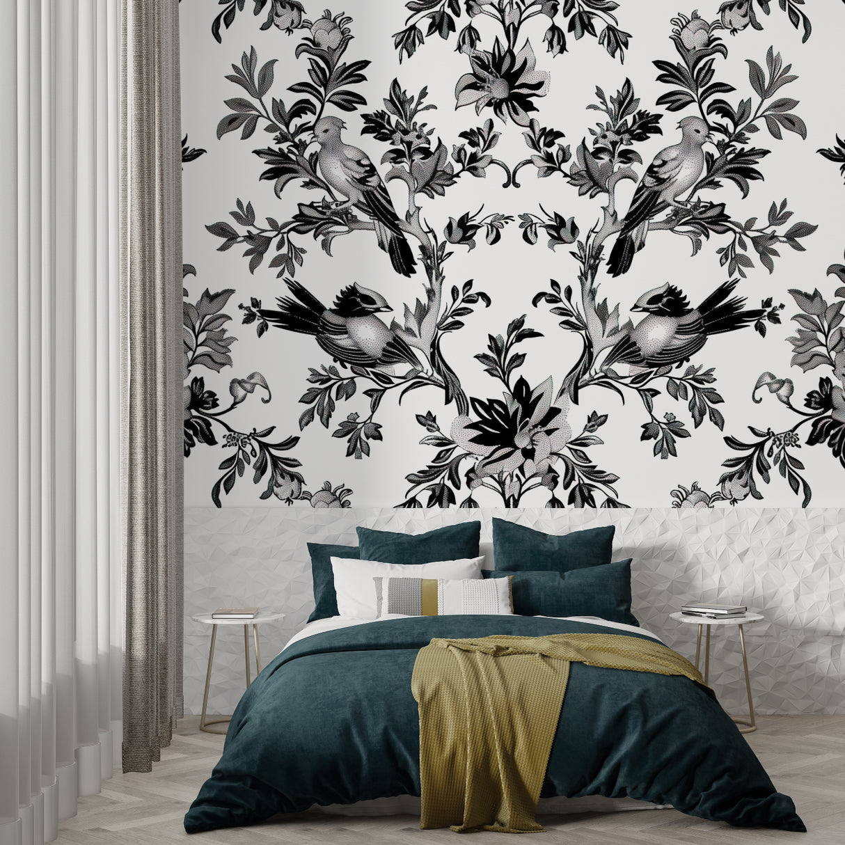 Powder room transformed with black and white toile bird wallpaper