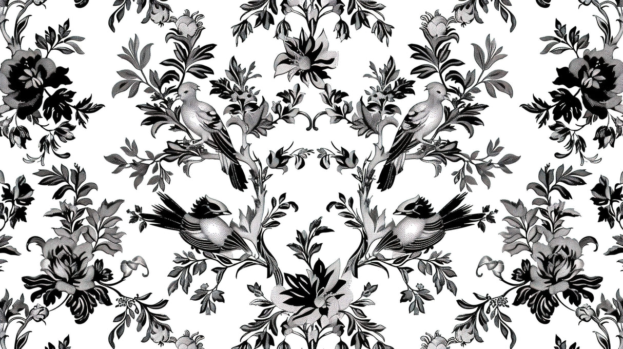Design file showing detailed black and white toile de jouy bird pattern