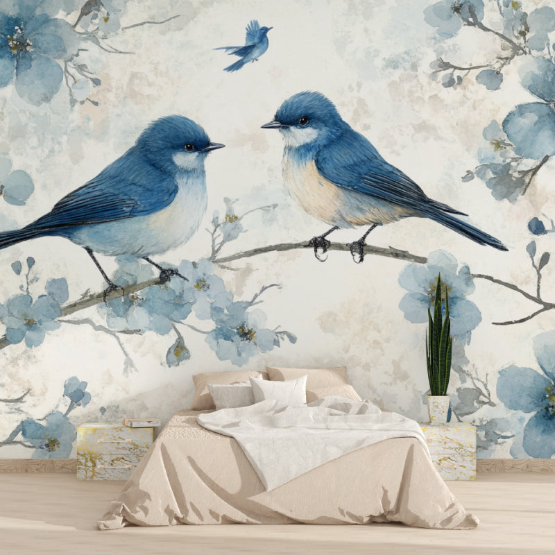 Cherry blossom bird wallpaper displayed in dining room with natural light