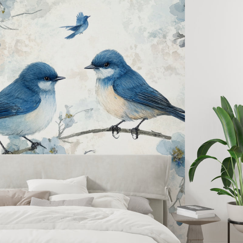 Blue songbirds wallpaper mural in home office showing scale and detail
